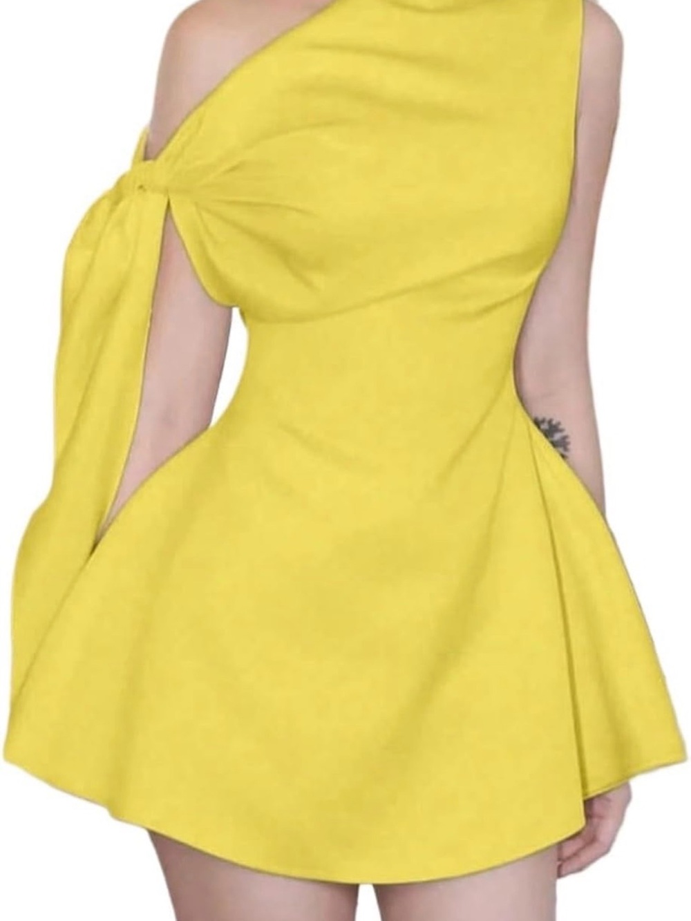 Elegant One-Shoulder Yellow Mini Dress with Side Tie - Picture 2 of 3